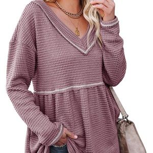 Women's Waffle V Neck Tunic Peplum Fall Flowy Swing Babydoll Dress Tops